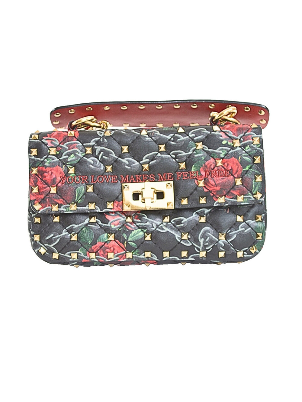 Valentino Garavani Rockstud Rose Print Spike Black Leather Shoulder Bag Chain